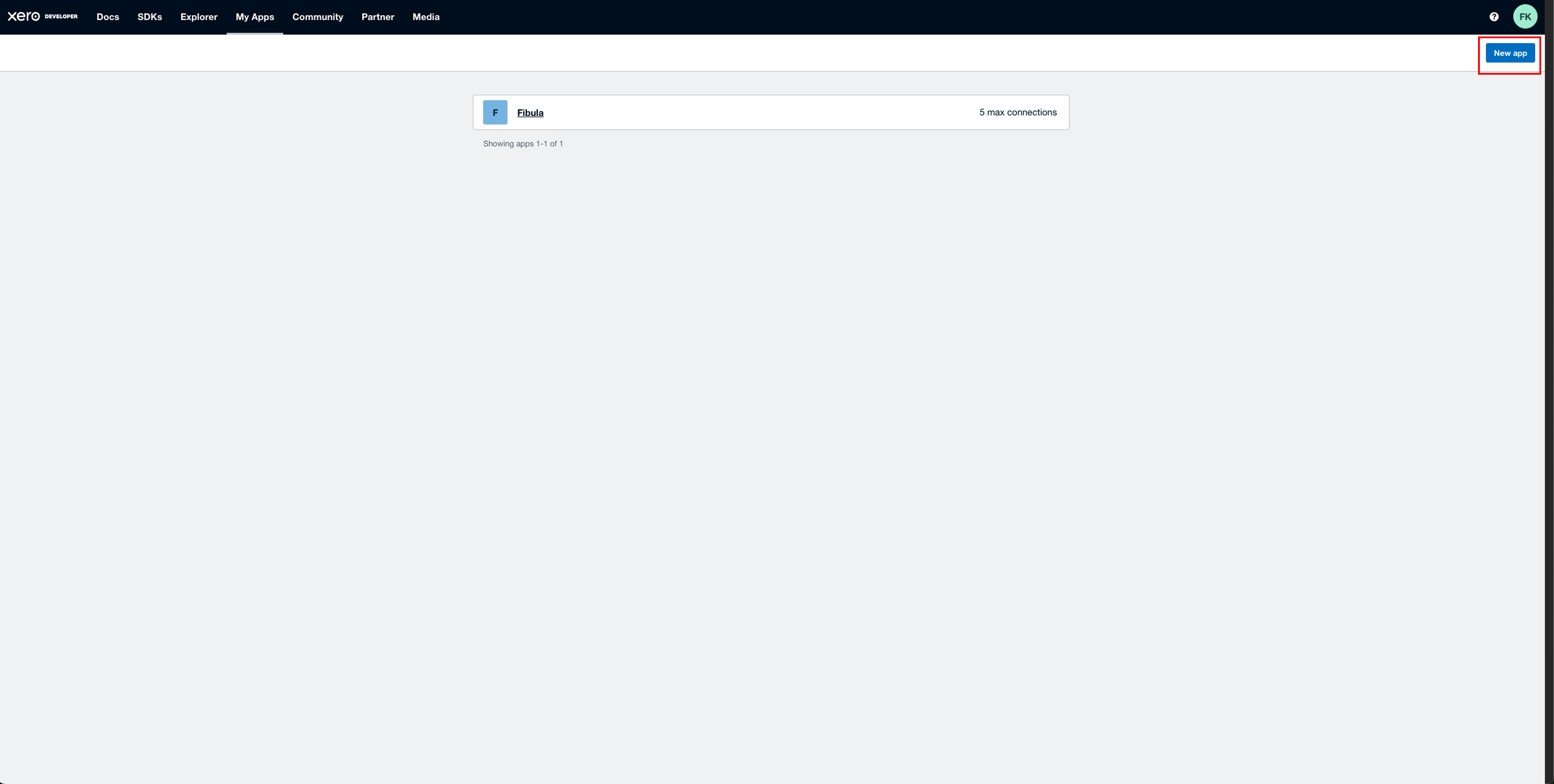 The Xero Developer Portal app management page with the New App button highlighted